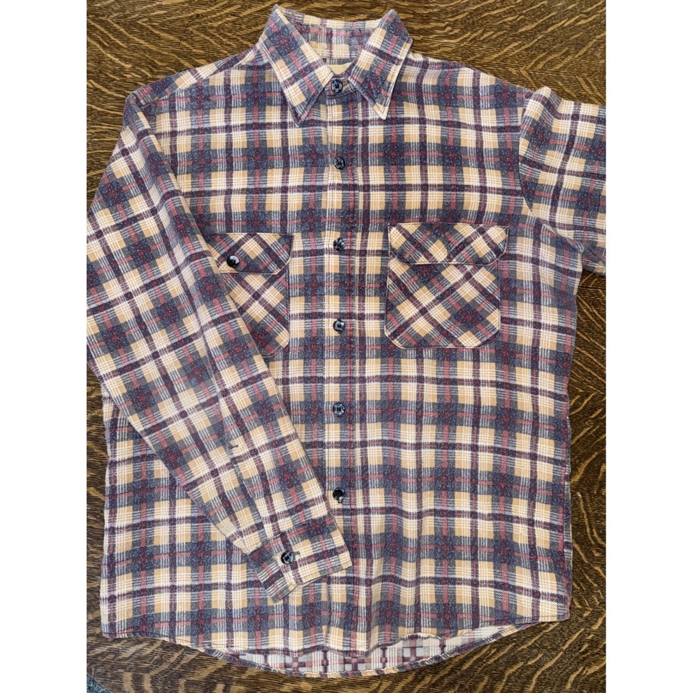 Vintage Fieldmaster Perma-Prest Plaid Flannel Shirt Mens Medium Tan Navy Red